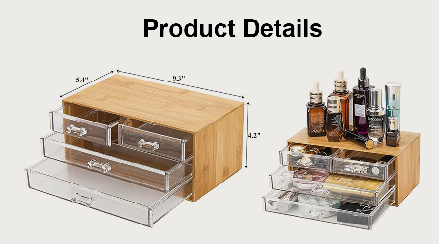 Premium Bamboo Cosmetic Storage Organizer with Clear Acrylic Drawers