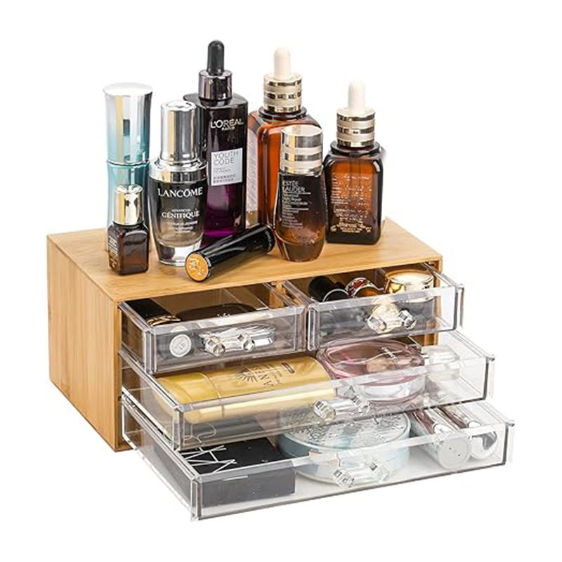 Premium Bamboo Cosmetic Storage Organizer with Clear Acrylic Drawers